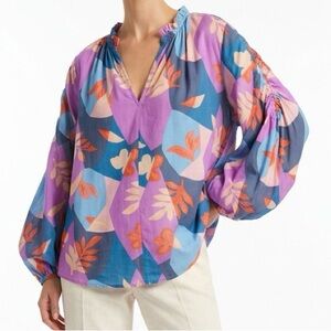 EASEL NWT Abstract Royal Print Frill V-Neck Dolman Sleeve Blouse - Size L